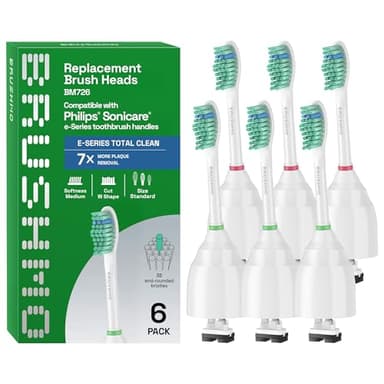 Brushmo e-Series Total Clean Replacement Toothbrush Heads, Compatible with Philips Sonicare Screw-on Electric Toothbrush Handles, 6 Standard Heads, Medium Firm Dupont Bristles, BM726, White