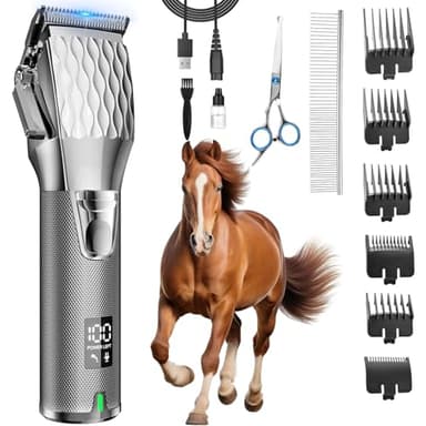 Fernlandia Horse Clippers, Cordless Trimmers Grooming Kit with 2500mAh Battery，Low Noise Heavy Duty Body Clipping Machine with LED Display, Suitable for Horse, Cattle, Cat, Dog with Thick/Tangled Coat