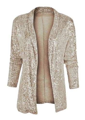 GRASWE Lady's Glitter Long Sleeve Cardigan Blazer Plus Size Sequin Blazer Beige M