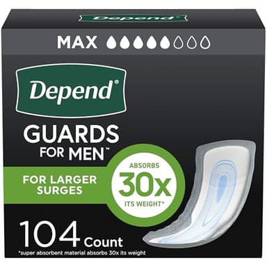 Depend Guards Incontinence Pads for Men, Maximum Absorbency, 104 Count (2 Packs of 52), Packaging May Vary