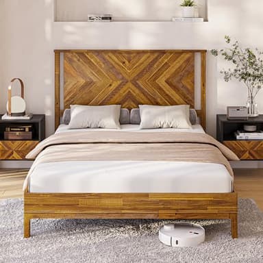 Bme Vivian 14 Inch Deluxe Bed Frame with Headboard, Rustic & Scandinavian Style with Solid Acacia Wood, No Box Spring Needed, 12 Strong Wood Slat Support, Easy Assembly, Queen, Rustic Golden Brown