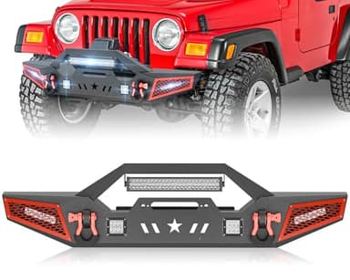 YZONA Front Bumper Compatible with 1987-2006 Jeep Wrangler TJ YJ LJ (2/4 Doors) Off-road Bumper with Winch Plate, 1 x 312W LED Light, 4 x 18W LED Lights, Paintable Armor & D-rings, Textured Black
