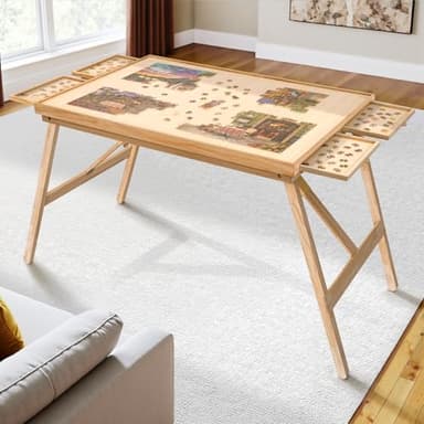 TEAKMAMA 27.6" H Tall 1500 Piece Puzzle Table with Legs, 4 Drawers, 34.3" W x 26.5" D Large Wood Folding Jigsaw Puzzle Board with Cover for Adults, Nature