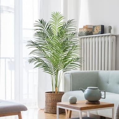 Keeplush 5ft Artificial Palm Tree Indoor Plant Tall Fake Tropical Paradise Palm Tree in Pot with Real Bark Design Faux Areca Palm Tree for Home Office Living Room Bedroom Farmhouse Modern Decor 1pcs