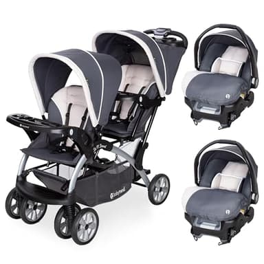 Baby Trend Infant and Toddler Double Stroller & 2 Car Seat Combo, 3 Pc Set, Magnolia - Portable and Lightweight Stroller Duo and Car Seat Travel System Tandem