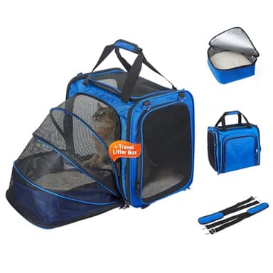 Expandable Cat Carrier with Litter Box, Extra Large Cat Carrier for Car Travel, 17.3"x16.2"x13" Portable Soft-Sided Pet Carrier, Long Road Trip Cage for Large/Medium Cats up to 30 lbs