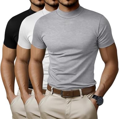 Ficerd 3 Pack Men's Mock Neck T Shirts, Cotton Short Sleeve Turtleneck Tee Shirts Slim Fit Basic Casual Solid Undershirt Tops(Large,Black, White, Gray)