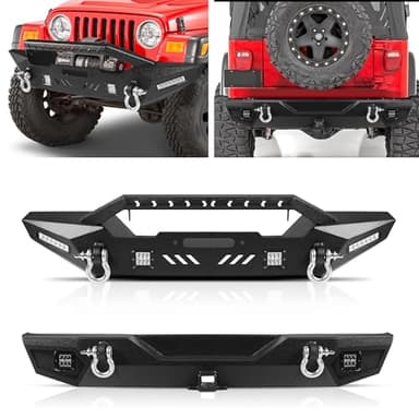 Peforway Off Road Front Rear Bumper compatible with Jeep Wrangler TJ & YJ 1987-2006, Front Rear Rock Crawler Bumper Combo with Winch Plate, Heavty Duty Bumper with Lights, D-Rings and Shackles