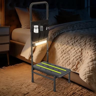 Upgraded Step Stool with Handle for Elderly Adults, Sturdy Bedside Step Stool for High Beds, Handle Step Stools with Sensor Light & Storage Bag,Heavy Duty 650lbs Bed Steps with Adjustable Handle & Leg