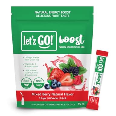 Let'z Go Clean Energy Drink Mix [Healthy Caffeine] Energy Drink Powder With Natural Caffeine Packets, High in Vitamins C + D, Electrolytes for Hydration | Sugar Free | No Calories | Pre Workout Powder | Anytime Energy | Daily Fuel With No Crash Or Jitters | 15 Count Mixed Berry