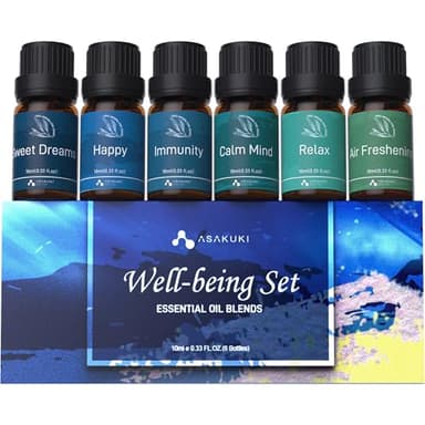 ASAKUKI Essential Oils, Essential Oil for Diffusers for Home, Well-Being Kit- Calm Mind, Sweet Dreams, Happy, Relax, Air Freshening, Immunity for Aromatherapy, Humidifiers, Massage, 6x10ml