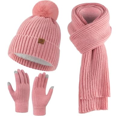 Womens Winter Beanie Hat Scarf Gloves Set, Knitted Lined Long Scarf Hat Touchscreen Gloves Gift for Women 3 in 1 Set