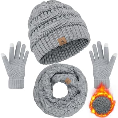 Winter Beanie Hat Scarf Gloves, Warm Fleece Knit Hats Touch Screen Gloves Neck Scarf Set Winter Gifts for Unisex People