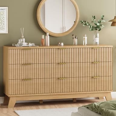 Fluted Dresser for Bedroom with 9 Drawers, 57" Wide Modern Chest of Drawers with Metal Handle, Wooden Dresser TV Stand, Wood Closet Clothes Storage Organizer for Living Room, Hallway, Natural Oak