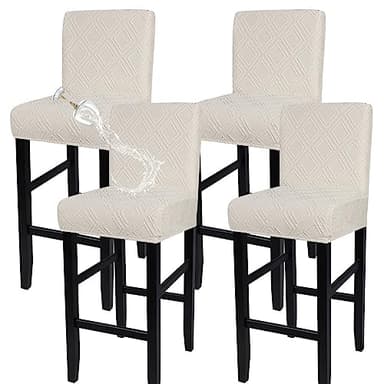 SearchI Water Repellent Bar Stool Covers Set of 4, Stretch Washable Barstool Seat Covers, Counter Height Chair Covers for Kitchen Dining Room Cafe (Beige Diamond Jacquard)