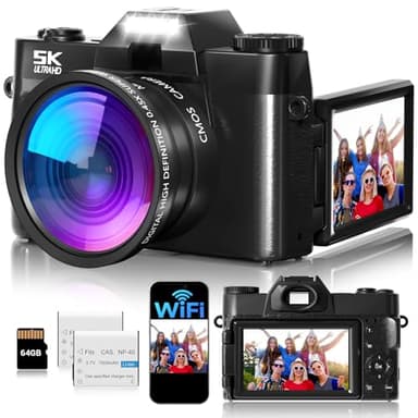Digital Camera,UHD 75MP 5K Digital Cameras for Photography with WiFi,64GB SD Card Vlogging Travel Camera for YouTube,Featuring 3" 180°Flip Screen,Suitable for Beginners and Teens,Black