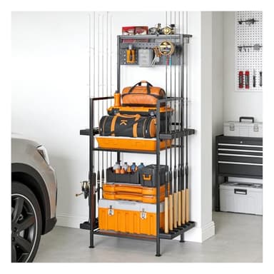 YQSLYSF Fishing Rod Holders for Garage with Pegboard & Metal Mesh Basket, Fishing Rod Storage Rack, Vertical Fishing Pole Holder for Up to 12 Poles, Tackle Gear Organizer