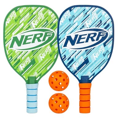NERF 2 Player Pickleball Paddle Set - Youth Pickleball Equipment Set - (2) Wooden Paddles with Foam Grips + (2) Outdoor Balls for Kids - Carry Bag Included