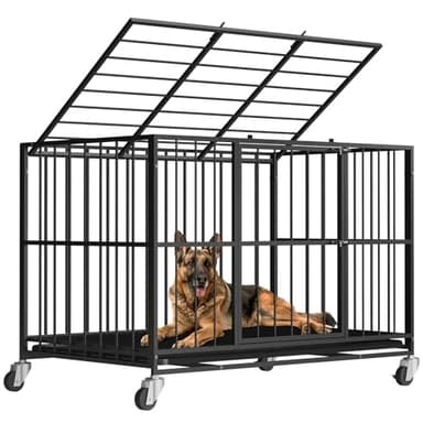 48 Inch Heavy Duty Dog Crate Steel Escape Proof, Indoor Double Door High Anxiety Cage, Removable Tray, Kennel with Wheels,XL XXL