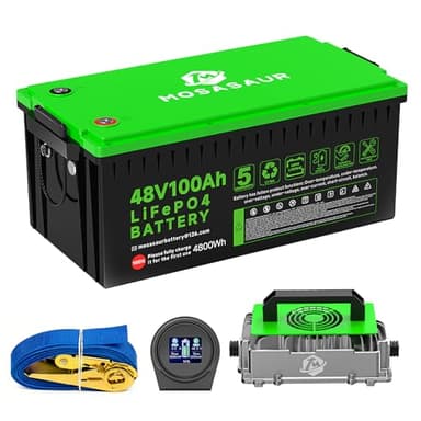 Mosasaur 48V 100Ah LiFePO4 Golf Cart Battery, 10.24kW Peak Power & 4000+ Cycles, Built-in 200A BMS | with 48V 20A Lithium Battery Charger, LCD Screen & APP Monitoring | for Golf Carts, RV, Marine