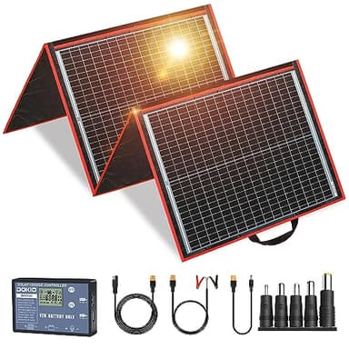 DOKIO 150W Portable Foldable Solar Panel Kit, Compact 21x20in Design 7.3lb with Standalone Controller and USB, Monocrystalline Charger for 12V Batteries, Power Stations, RV Camping Emergency Use