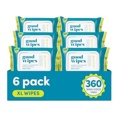 Goodwipes Flushable Butt Wipes Made with Vitamin E & Aloe - Soft & Gentle Wet Wipe Dispenser for Home Use, Septic & Sewer Safe - Largest Adult Toilet Towelettes - Shea Coco, 360 Count (6 Packs)