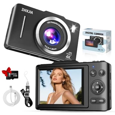 Digital Camera, Autofocus 4K Vlogging Camera for Photography with 64GB Card, Full HD 4K Point and Shoot Camera Portable Compact and Shoot Digital Camera for 16X Zoom, Anti-Shake, for Beginners, Black