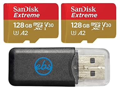 SanDisk Micro SDXC 128GB Extreme Memory Card (2 Pack) Works with DJI Drone Series Mini 4 Pro (SDSQXAA-128G-GN6MN) V30 A2 4K UHD UHS-I Bundle with (1) Everything But Stromboli MicroSD Card Reader