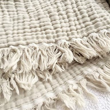 KyraHome Muslin Blankets for Adults, Kids, 50"x60", 100% Organic Cotton Throw Blanket, Plant-Dyed, Breathable Lightweight Throw Blanket for Couch, All Season (Oatmeal Khaki Tan)