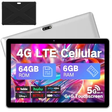 Android Tablet 10.1 inch, 2025 Cellular Tablets with SIM Card Slot, 4G LTE Tablet & Phone(Makes Calls), 64GB Storage (Expandable to 1TB),1280x800 IPS, Dual Cameras 8H Battery 5G Wifi with Case(Silver)