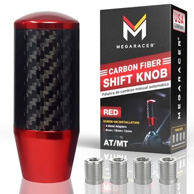 Premium Red Carbon Fiber Shift Knob - 4 Metal Threaded Adapters, 4 5 6 Speed Manual & Buttonless Automatic Transmission Cars, Weighted Gear Stick Shifter Knobs, (M8, M10x1.25/1.5, M12x1.25), JDM Style