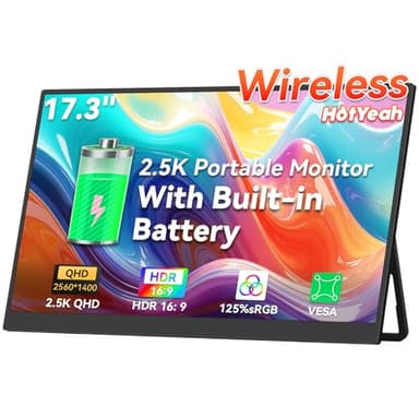 HotYeah 17.3" 2.5K Wireless Portable Monitor, Support AirPlay Miracast, 2560×1440P IPS USB-C HDMI External Monitor, 2nd Screen for Laptop MacBook PC Phone Tablet, w/Built-in Battery(3-4H)