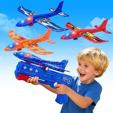LJZJ 3 Pack Airplane Launcher Toys, 2 Flight Modes LED Foam Glider Catapult Plane, Outdoor Flying Toy for Kids, Birthday Gifts for Boy Girl 6+ Year Old, B-Day Party Supplies
