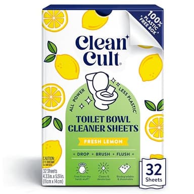 Cleancult Toilet Bowl Cleaner Sheets - Dissolvable, Septic Safe, Effective Cleaning, Removes Stains & Rings, Cleans & Deodorizes - 32 Uses - Fresh Lemon Scent - Plastic-Free Packaging