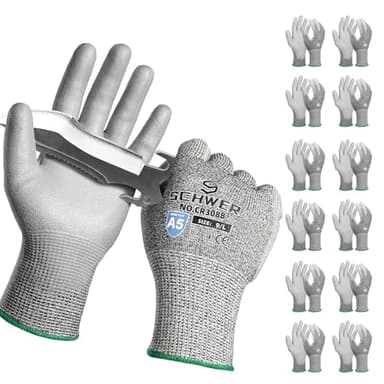 Schwer 12 Pairs ANSI A5 Cut Resistant Work Gloves, Cut Proof Gloves with PU Coating, Used for Metal Fabrication, WoodWorking, Construction, Non Slip, Durable, L, CR3088
