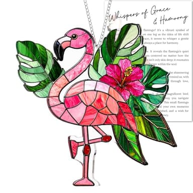 Flamingo Acrylic Suncatcher Window Hanging Ornament with Story Card, Flamingo Gifts for Women, Pink Christmas Tree Decorations, Tropical Palm Flamingos Hanging Decorations, Summer Christmas Ornament