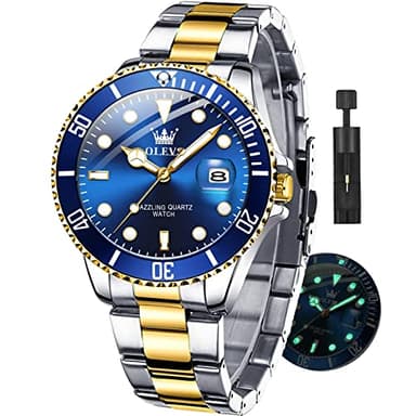 OLEVS Men Stainless Steel Watch for Men Blue Face Waterproof Watch Big Face Mens Watch with Date Dress Watch for Men Luxury,Diver Relojes De Hombre,Luminous Man Wristwatches