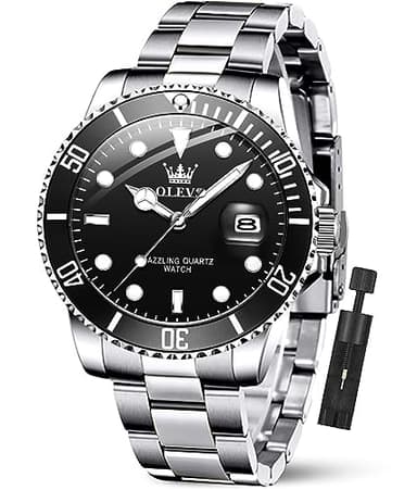 OLEVS Watch Men Black Mens Watch Silver Luxury Watches for Men Classic Dress Waterproof Analog Quartz Men's Wrist Watches Fashion Stainless Steel Dress Date Big Face Relojes para Hombre