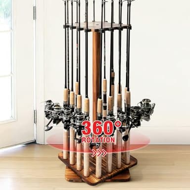 Ghosthorn Fishing Rod Holders for Garage 360 Degree Rotating Fishing Pole Rack, Floor Stand Holds up to 16 Rods Wood Fishing Gear Equipment Storage Organizer, Fishing Gifts for Men Women