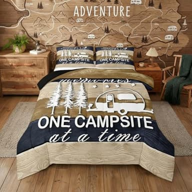 Kids Camper Comforter Set Queen, Happy Camping Bedding Rv Decorations For Inside Camper Quilt, Teens Rustic Farmhouse Bedding Comforter Sets For Travel Trailers Vintage Wooden Planks Quilted Duvet