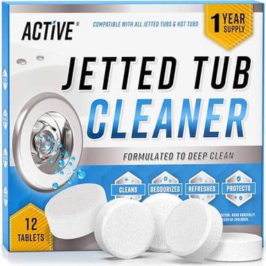 Jetted Tub Cleaner Bathtub Tabs - 12 ACTIVE Cleaning Tablets, Compatible with Whirlpool & Spa Bath System, Jets, Whirl Tubs, Professional Septic Safe Bath Jet Scale and Residue Remover - 1 Year Supply