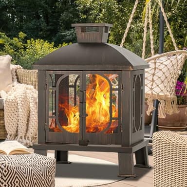 Panovue 45" H×31''W Metal Chiminea Fire Pit with Grill, Wood Burning Fire Pits for Outside,Square Chimineas Fireplace with Mesh Spark Screen Door& Fire Poker for Garden,Yard,BBQ,Bonfire (Black&Gold)