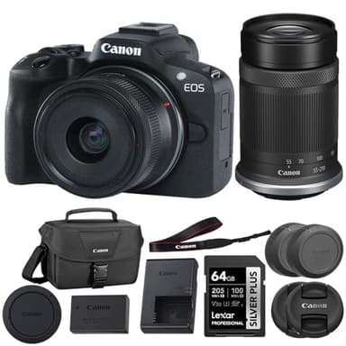 Canon EOS R50 Mirrorless Camera with 18-45mm and 55-210mm Lenses (Black) Bundle with 64GB Memory Card + Canon 200ES EOS Shoulder Bag (3 Items)