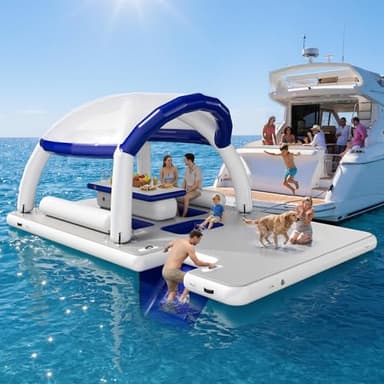 SPECRAFT Inflatable Floating Dock, 16.4x10x7.2 FT Water & Land Inflatable Platform with Canopy, Built-in Table, Water-Level Seating, Large Floating Deck and Ladder for Lakes, Pools & Beach
