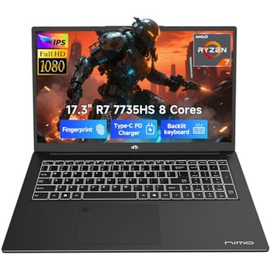 NIMO 2026 Gaming Laptop, 17.3" FHD IPS Large Screen, AMD R7 7735HS (Up to 4.75 GHz, Beat i7-12650H) Computer with 16GB DDR5 RAM 256GB SSD, 180° Vewing, Radeon 680M, Dual Fans, for Business, College