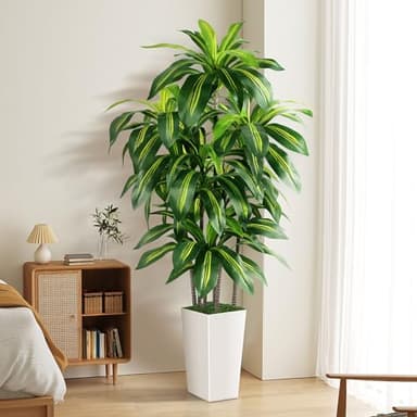 Artificial Dracaena Tree Indoor, 5FT Tall Fake Tree with White Tall Planter, Artificial Tree Fake Yucca Potted Tree for Home Office Living Room Decor, Tall Artificial Plant for Housewarming