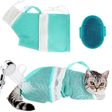 Cat Bag for Bathing Set with Grooming Washing Bag Adjustable Pet Shower Brush - Cat Bathing Mesh Bag Anti Scratch Anti Bite Soft Durable for Cats & Dogs Restraint Grooming Nail Trimming Washing
