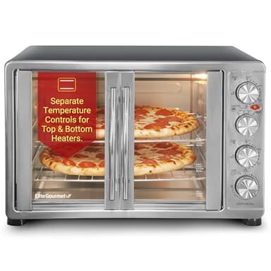 Elite Gourmet ETO-4510M French Door 47.5Qt, 18-Slice Convection Oven 4-Control Knobs, Bake Broil Toast Rotisserie Keep Warm, Includes 2 x 12" Pizza Racks, Stainless Steel