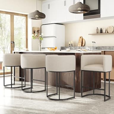 VATROS 26" H Counter Height Bar Stools Set of 4, Modern Barrel Counter Stools with Backrest and Arms, Linen Fabric Upholstered Accent Barstools for Kitchen Island,Support 450 LBS (Beige)