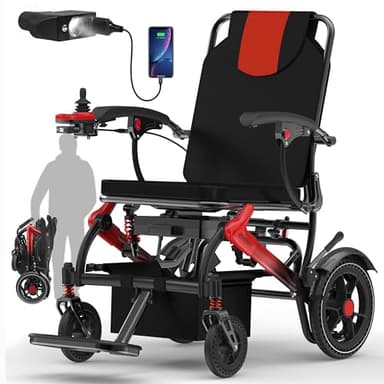 Electric Wheelchairs for Adults Foldable 36LBS Lightweight, 15 Miles Travel Range& Max Support 350 LBS, 500W Brushless Motors Power Motorized for Seniors& LED Light& Airline Approval-Red Style